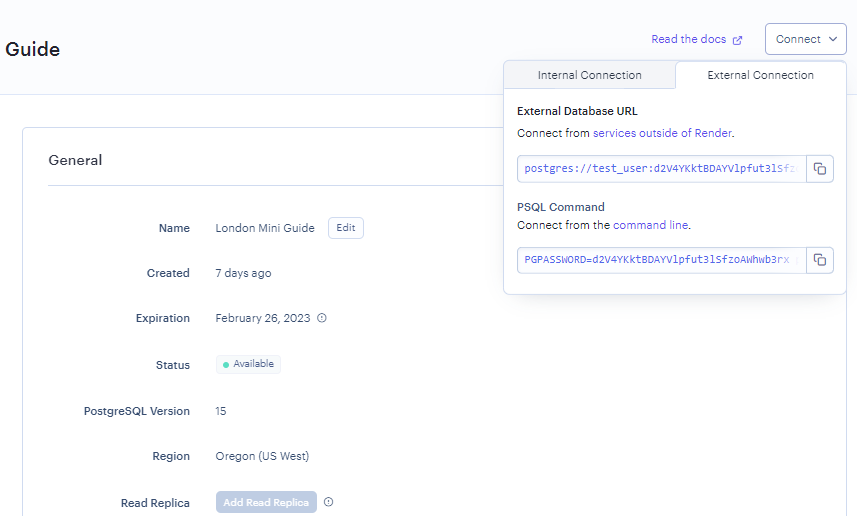 Connect button showing quick reference to environment variables